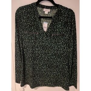 NWT Jaclyn Smith Women's Top Green Animal‎ Print Size Medium Zipper Long Sleeve